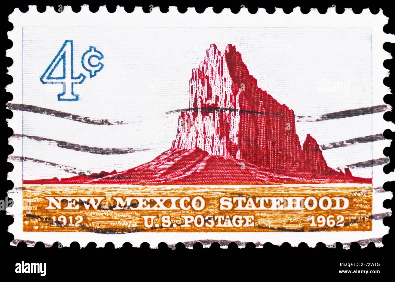 MOSKAU, RUSSLAND - 12. JANUAR 2021: Briefmarke gedruckt in den Vereinigten Staaten gewidmet 50 Jahre New Mexico Staatlichkeit, Shiprock, Serie, um 1962 Stockfoto