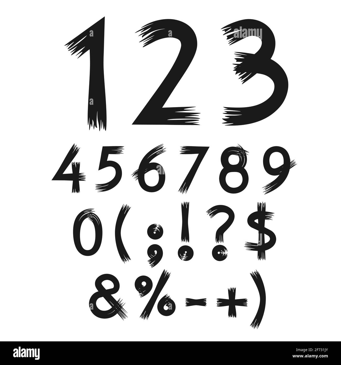 Vektornummern und Symbole, in Form der mit Farbe bemalten Buchstaben. Isolierte Objekte auf weißem Hintergrund. Stock Vektor