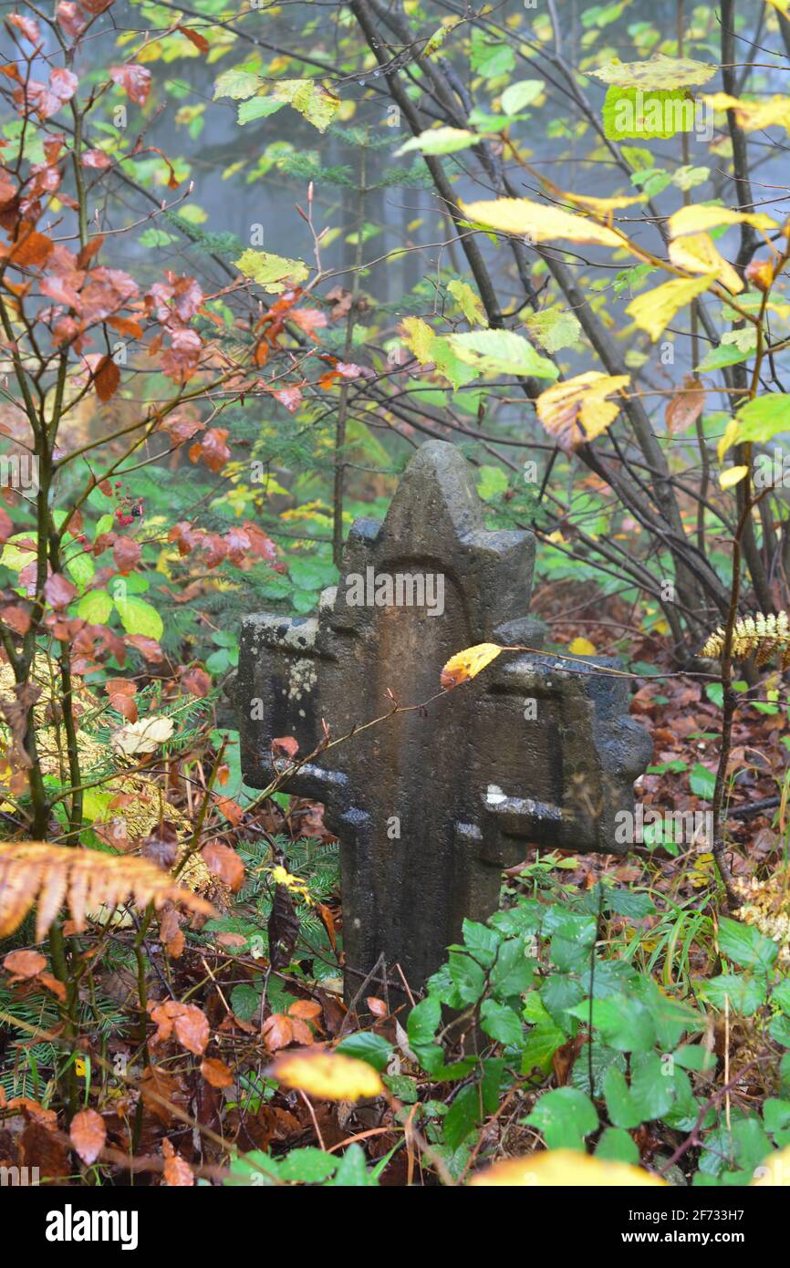 Ein altes Steinkreuz, Grabstein auf einem sehr alten Friedhof inmitten eines nebligen Waldes, Erinnerung an unsere Vorgänger Stockfoto