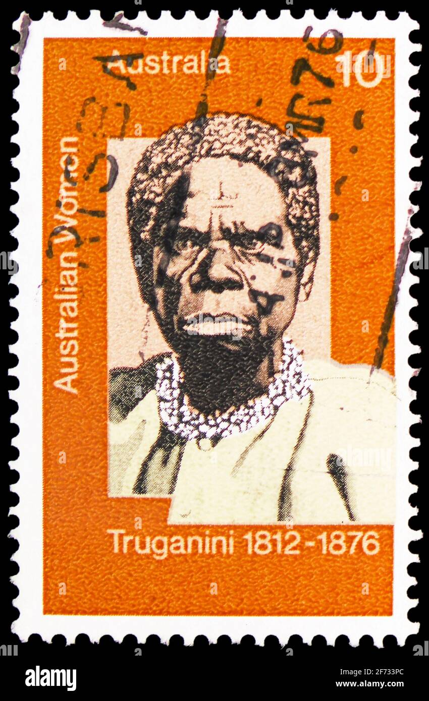 MOSKAU, RUSSLAND - 12. JANUAR 2021: Die in Australien gedruckte Briefmarke zeigt Truganini, Australian Women Serie, um 1975 Stockfoto