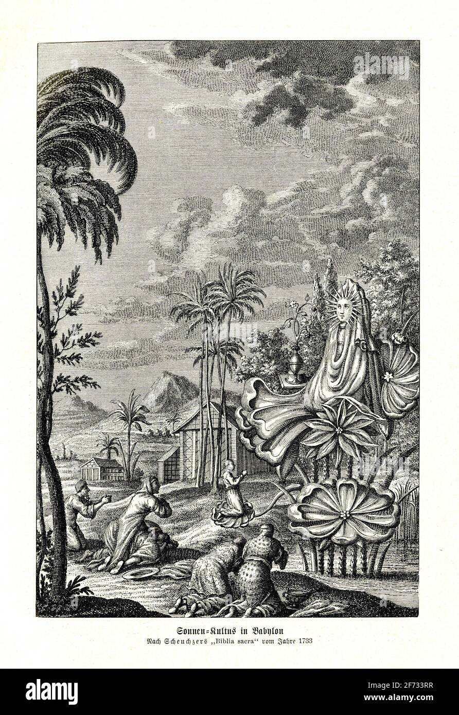 Sonnenkult in Babylon, nach Scheuchzer's Biblia Sacra von 1733 Stockfoto