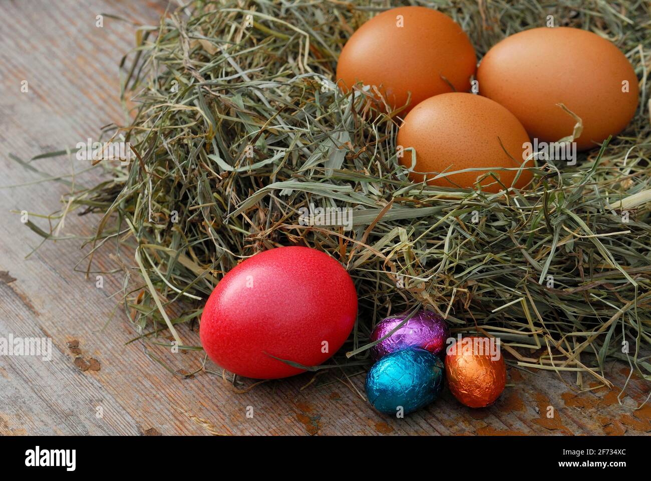 Hühnereier, Schokoladeneier und osterei im Nest, Schokolade Stockfoto