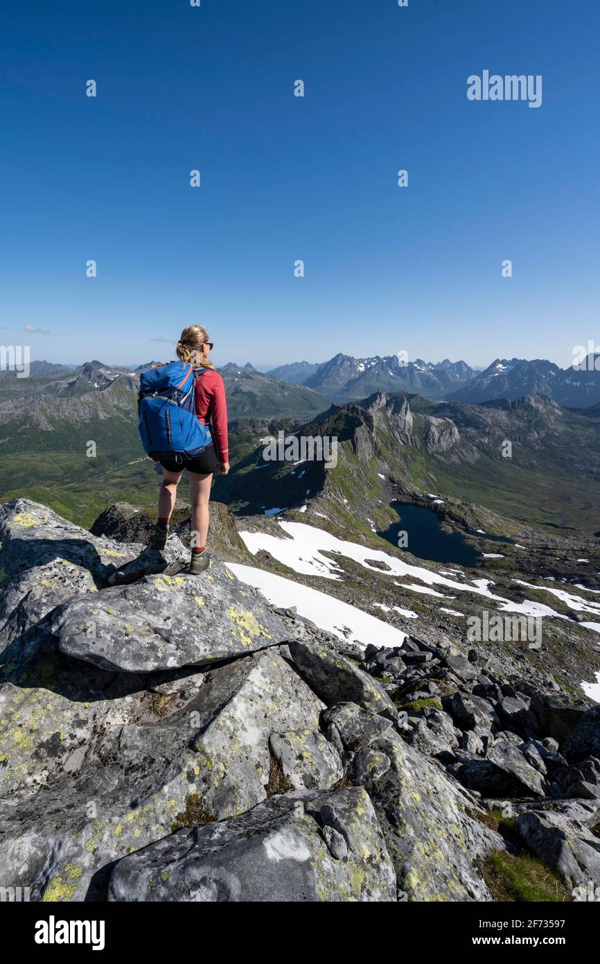 Wanderer auf dem Weg zum Berg Rundfjellet, Lofoten, Nordland, Norwegen Stockfoto