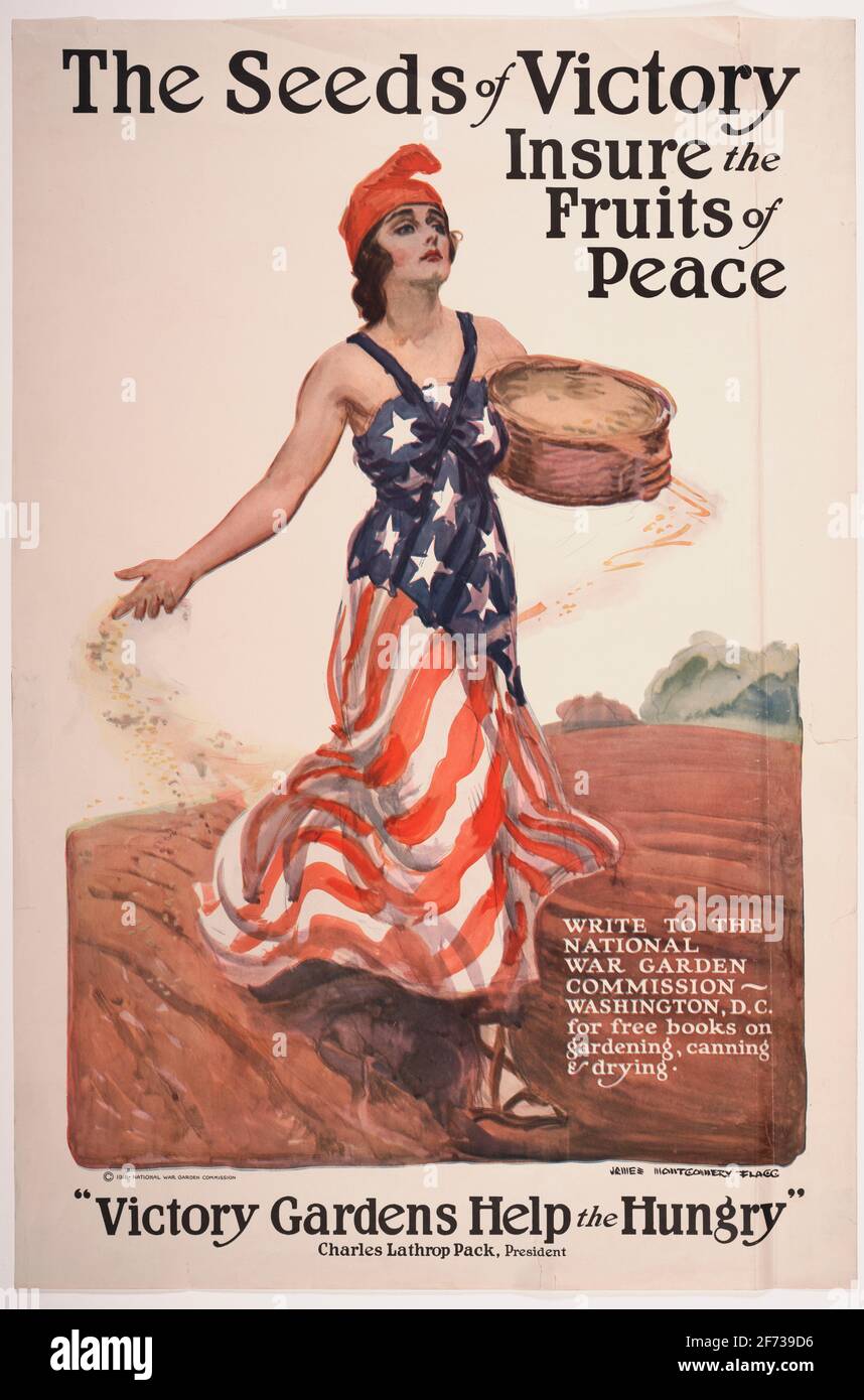 Ein Plakat aus dem 1. Weltkrieg, das Victory Gardens wirbt und Menschen zum Wachstum anregt Ihr eigenes Essen Stockfoto