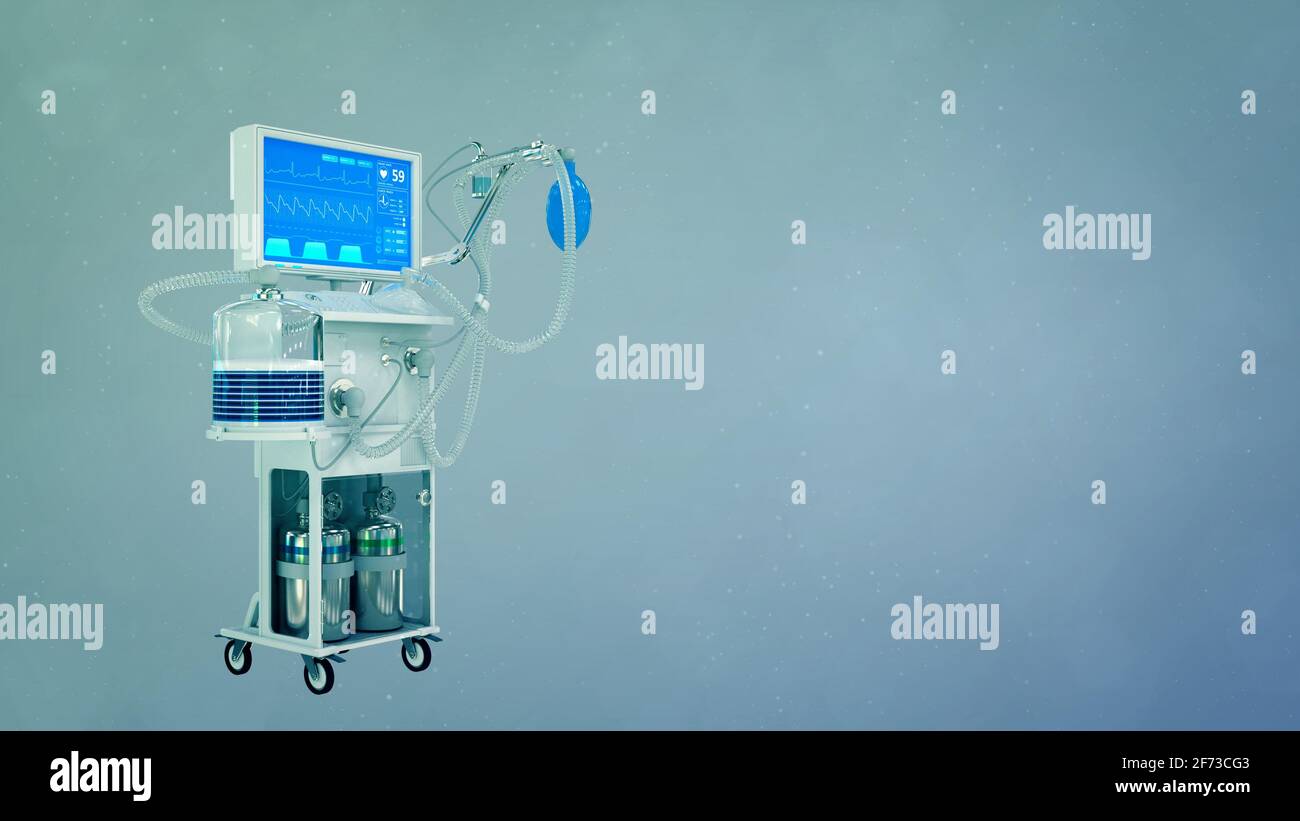 3D-Illustration für das Gesundheitswesen, 3D-Rendering des medizinischen Beatmungsgeräts auf der Intensivstation Stockfoto