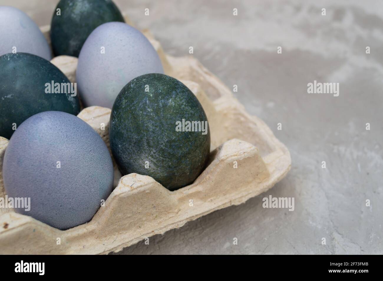 Eier in einem Karton sind mit natürlichen Farbstoffen bemalt: Rotkohl und Hibiskustee. Ostern Stockfoto