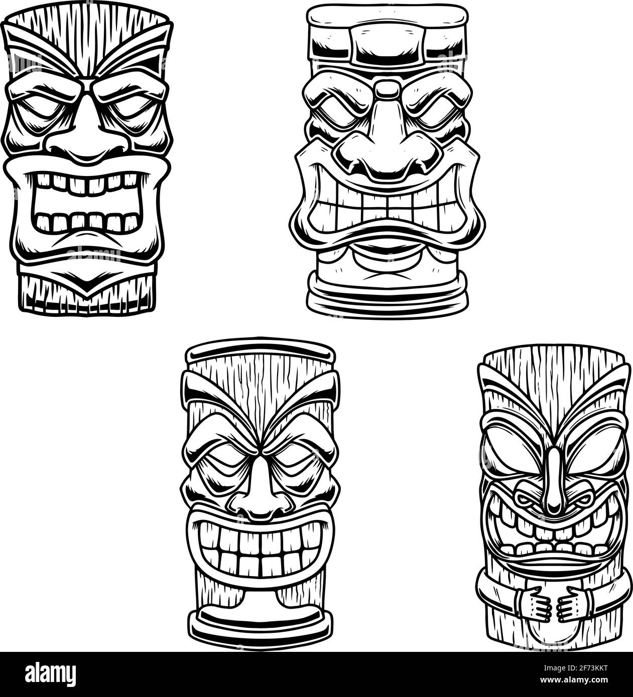 Set mit Illustrationen der Tiki Tribal Holzmaske. Gestaltungselement für Logo, Emblem, Schild, Plakat, Karte, Banner. Vektorgrafik Stock Vektor