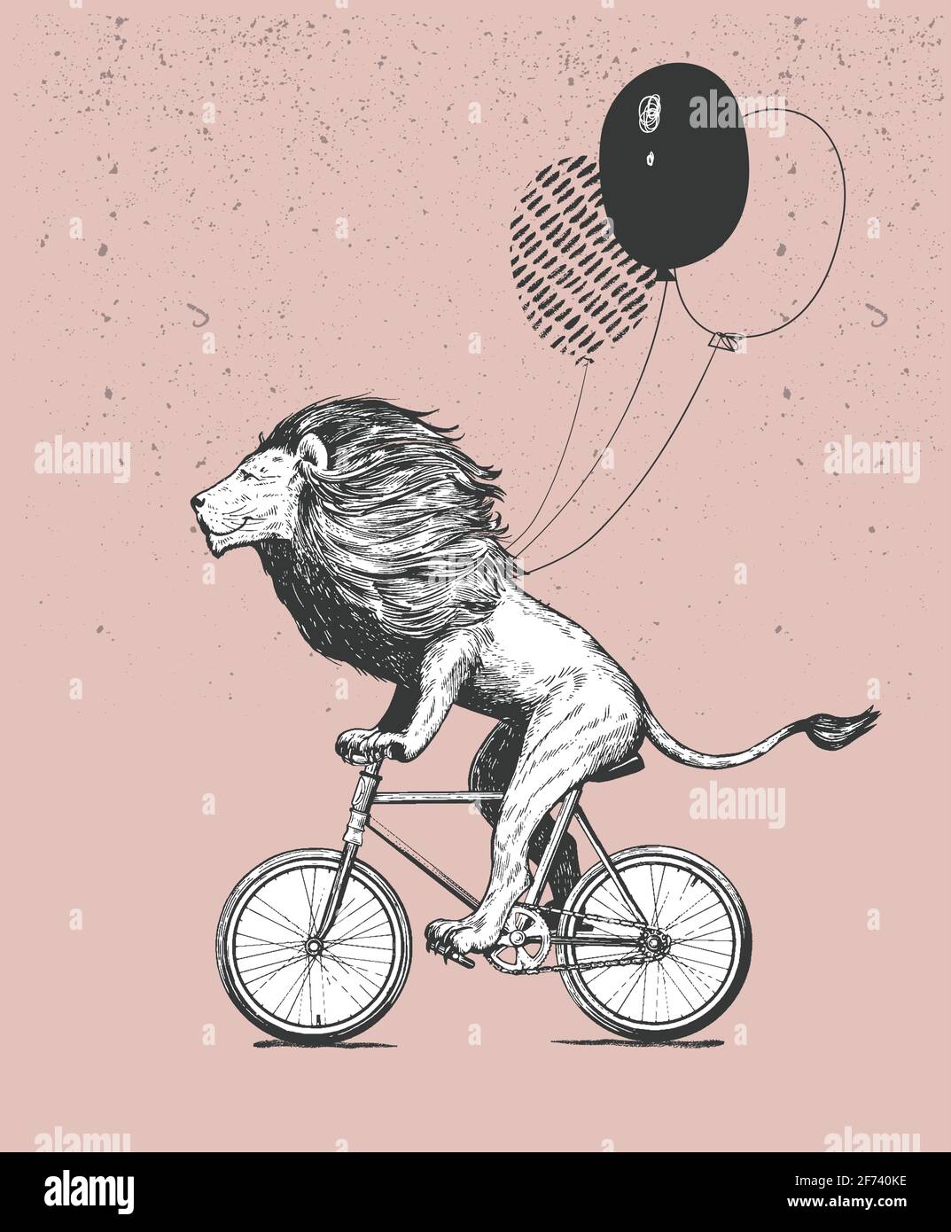Cool Lion tragen T-Shirt Fahrten Fahrrad mit Luftballons Vektor-Illustration. Vintage Maskottchen Cute Lion Fahrrad isoliert auf Weiß. Glücklich Stock Vektor