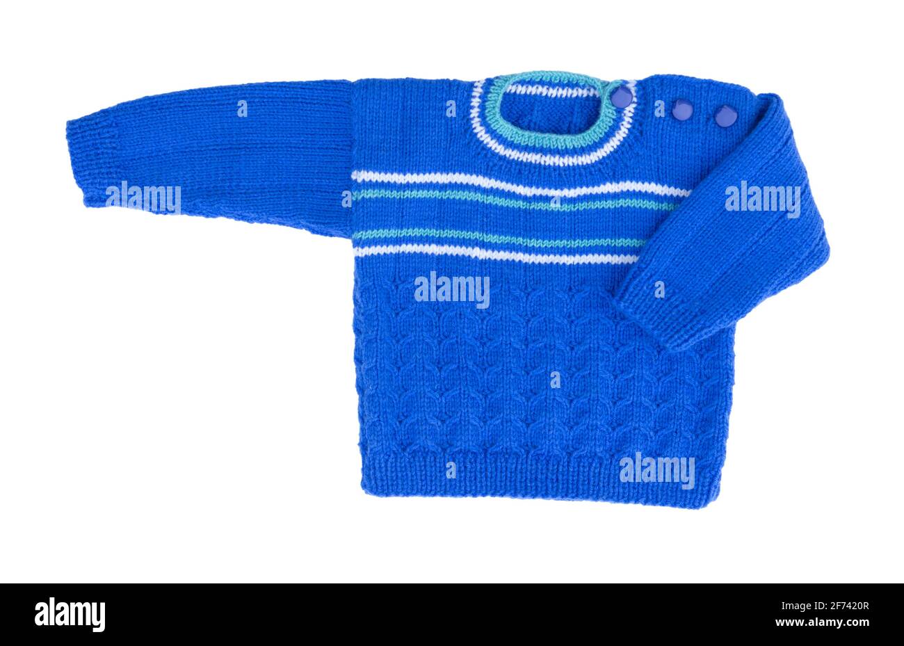 Pullover isoliert auf weißem Hintergrund. Kinder warmer Pullover. Warm blauer Winter-Strickpullover mit Muster. Stockfoto