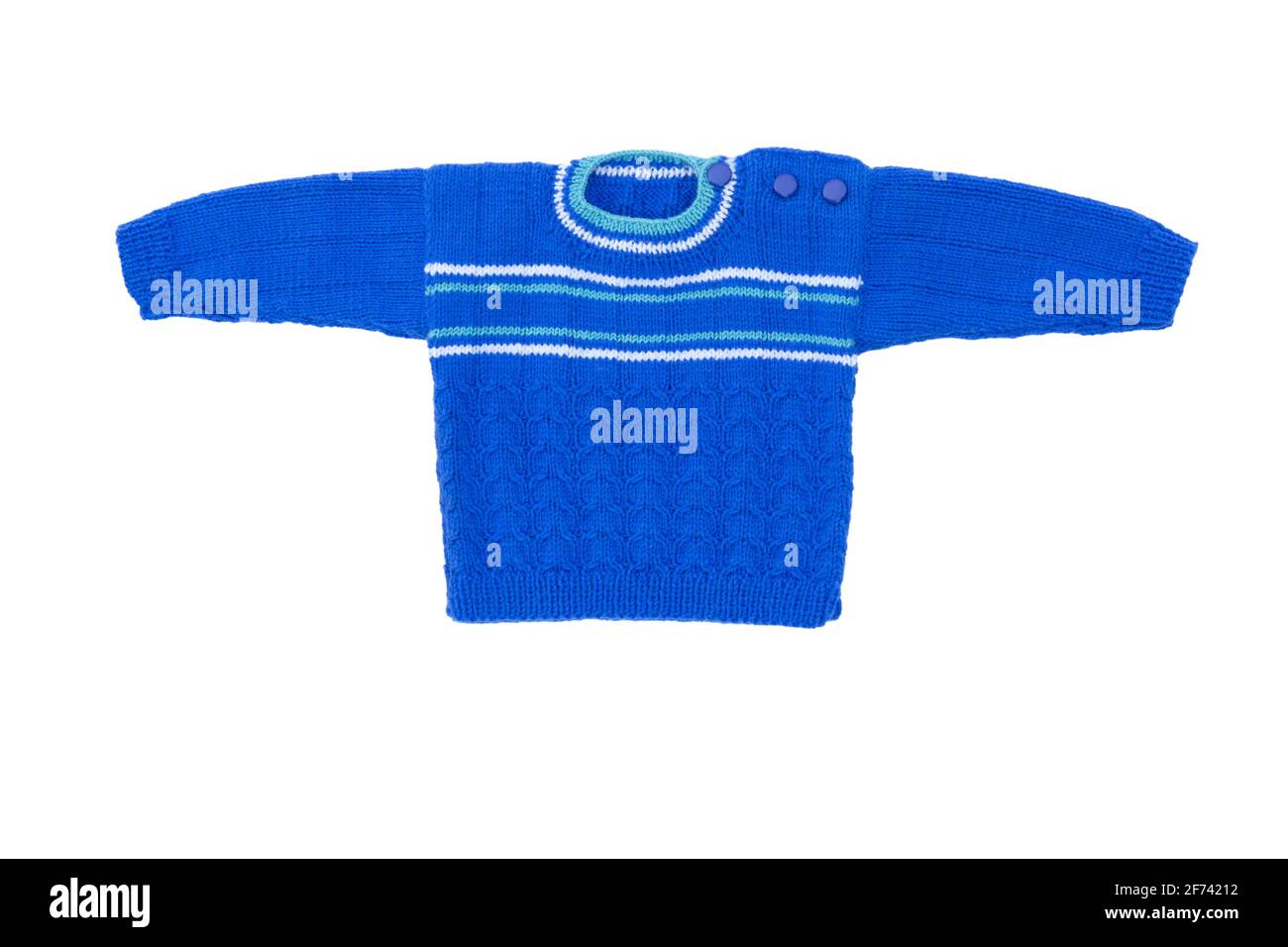 Pullover isoliert auf weißem Hintergrund. Kinder warmer Pullover. Warm blauer Winter-Strickpullover mit Muster. Stockfoto