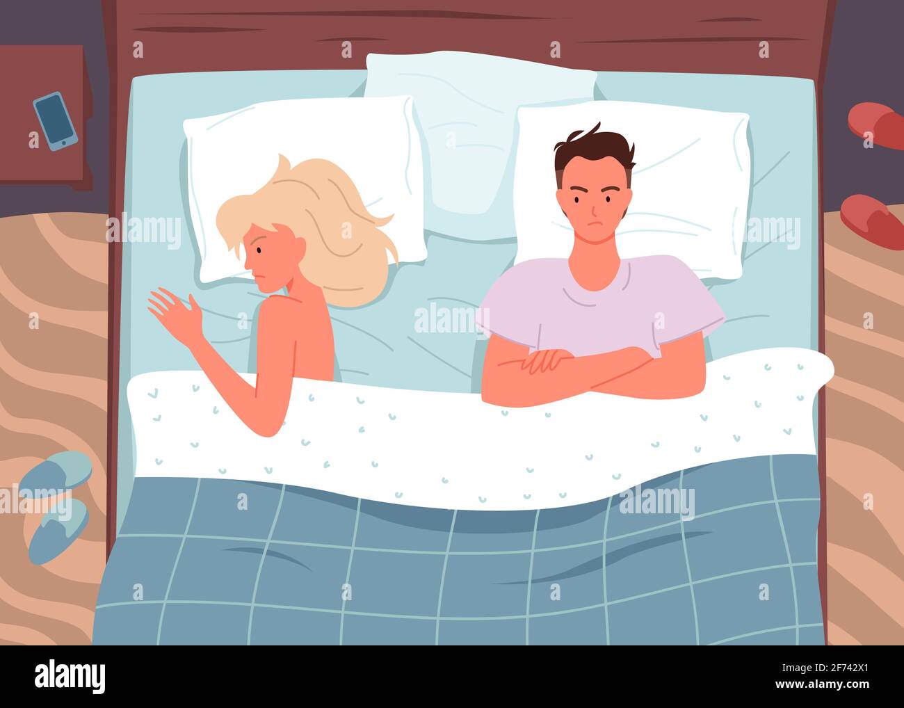 Paar Leute im Bett, Familie Mann Frau liegen auseinander, verärgerte Frau  und Mann streiten sich Stock-Vektorgrafik - Alamy