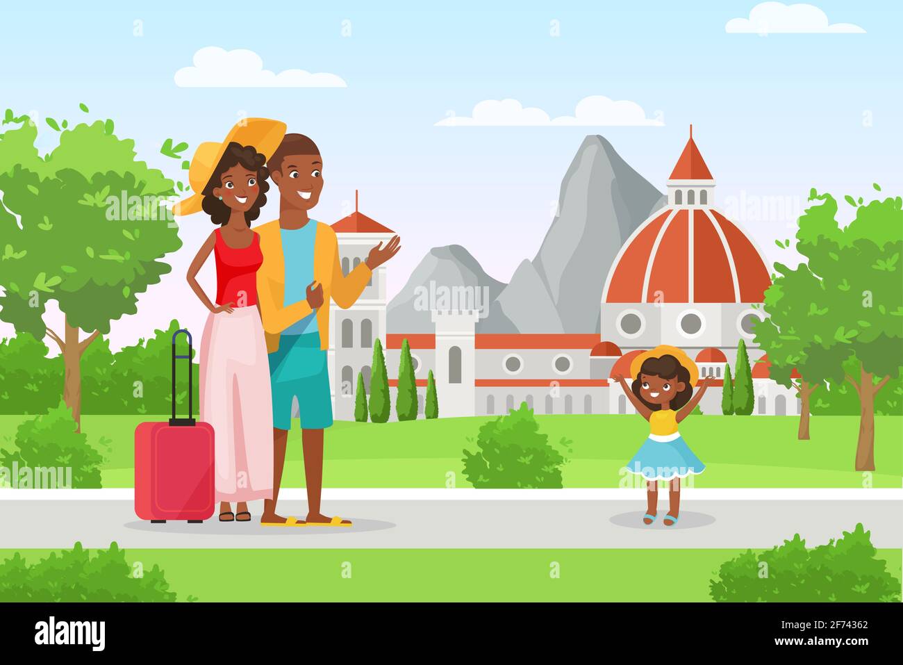 Glückliche Familienmenschen im Urlaub, Mutter Vater Tochter Touristen stehen mit Koffer Stock Vektor