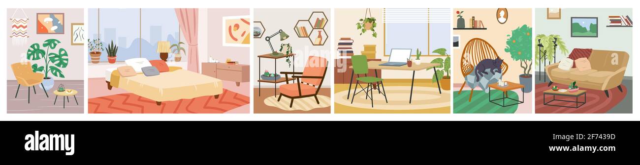 Cartoon heimelige komfortable Wohnung, bequeme Bettmöbel im Schlafzimmer, Lounge-Sofa Sessel Stuhl Tisch im Wohnzimmer oder auf dem Flur. Skandinavische Hygge Stock Vektor