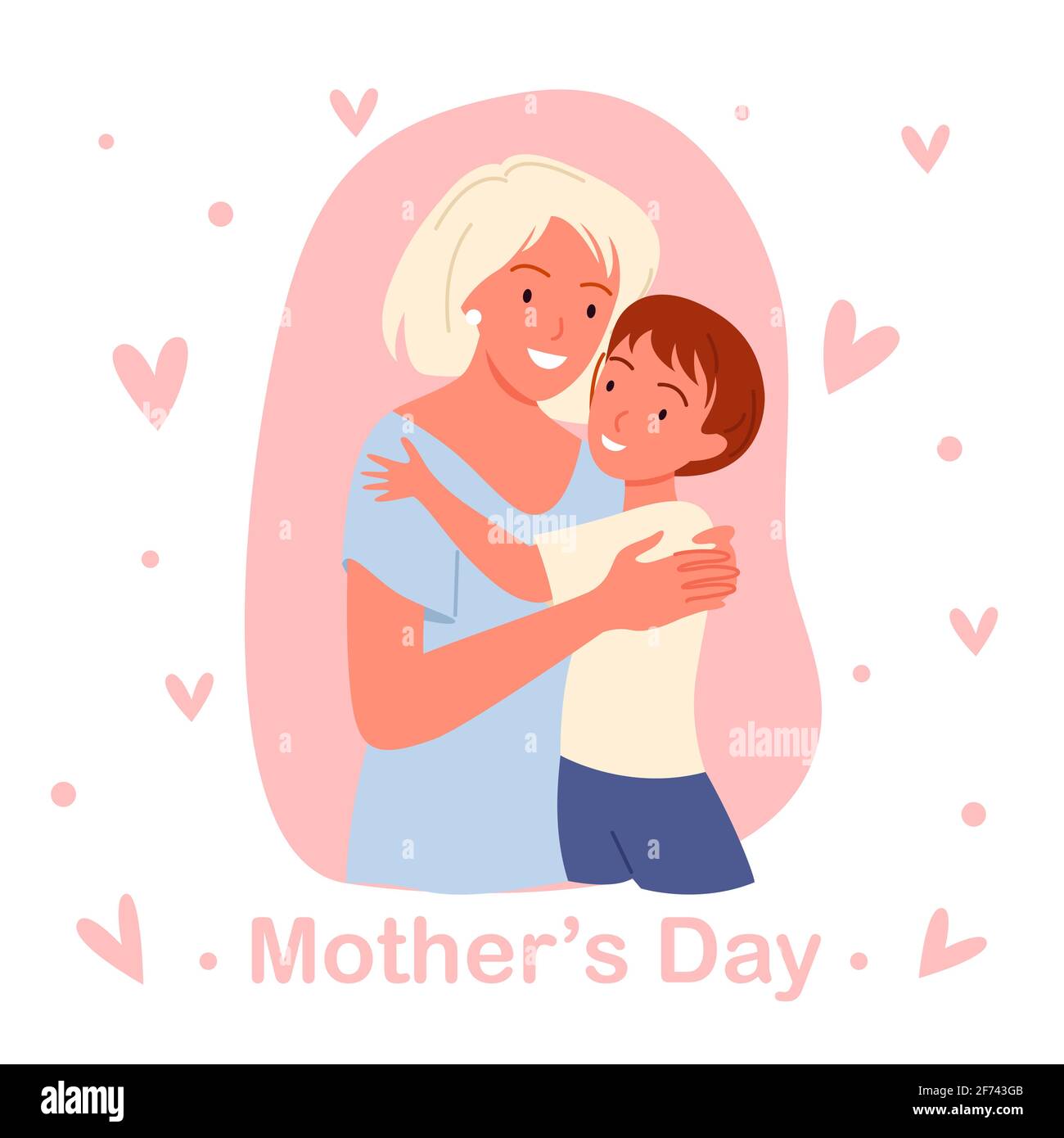 Cartoon junge glückliche Mutter hält Baby Junge in den Händen mit Liebe, Mutter lieben und umarmen Baby Kind, rosa Grußkarte Poster Vorlage. Muttertag Stock Vektor
