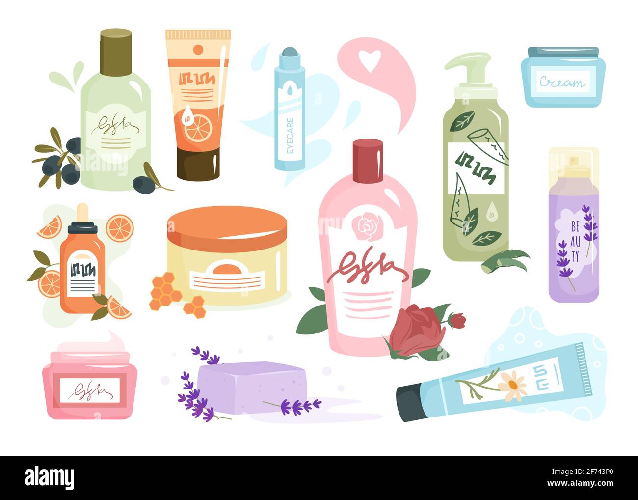 Öko Kosmetik für Hautpflege-Set, Bio Shampoo Duschgel, Aromareiniger, Gesichtscreme Stock Vektor