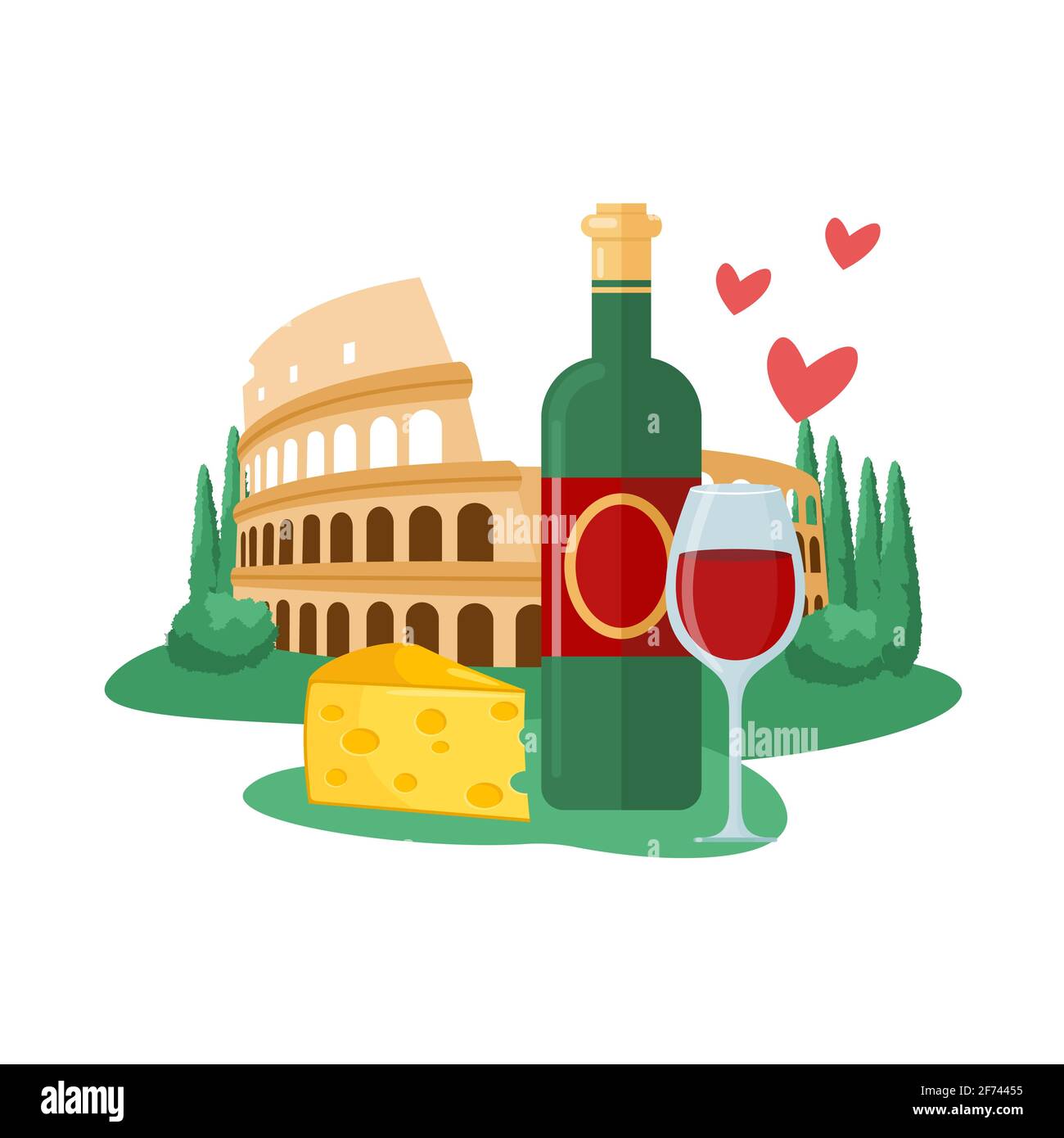 Reisen Sie nach Italien, das Wahrzeichen der italienischen antiken Architektur, das kolosseum, eine Flasche Wein, Käse Stock Vektor