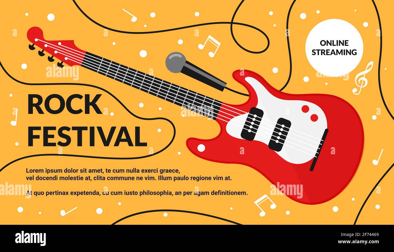 Cartoon Rock Musical Festival-Instrument auf dem Hintergrund, künstlerische Live-Konzert, Musik hören kreative Poster-Design. Rock-Musik-Kunstfestival. Stock Vektor