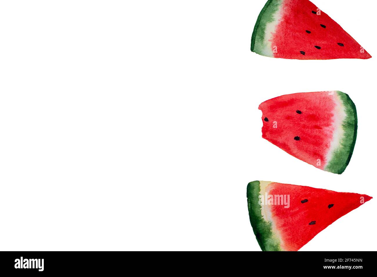 Frische rote Wassermelonenscheiben auf weißem, isoliertem Hintergrund. Aquarelldarstellung. Collage auf weißem Hintergrund Fructs Stockfoto