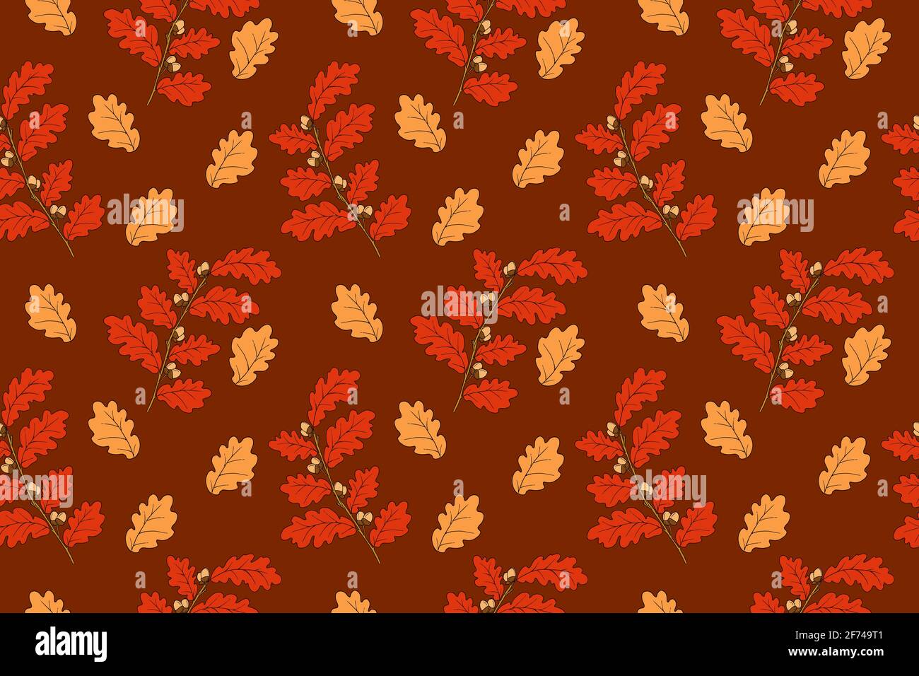 Handgezeichnete Eichenzweige mit Eicheln in tiefer Herbstpalette. Vektor nahtloses Muster in der Herbststimmung. Rote Blattstruktur Stock Vektor
