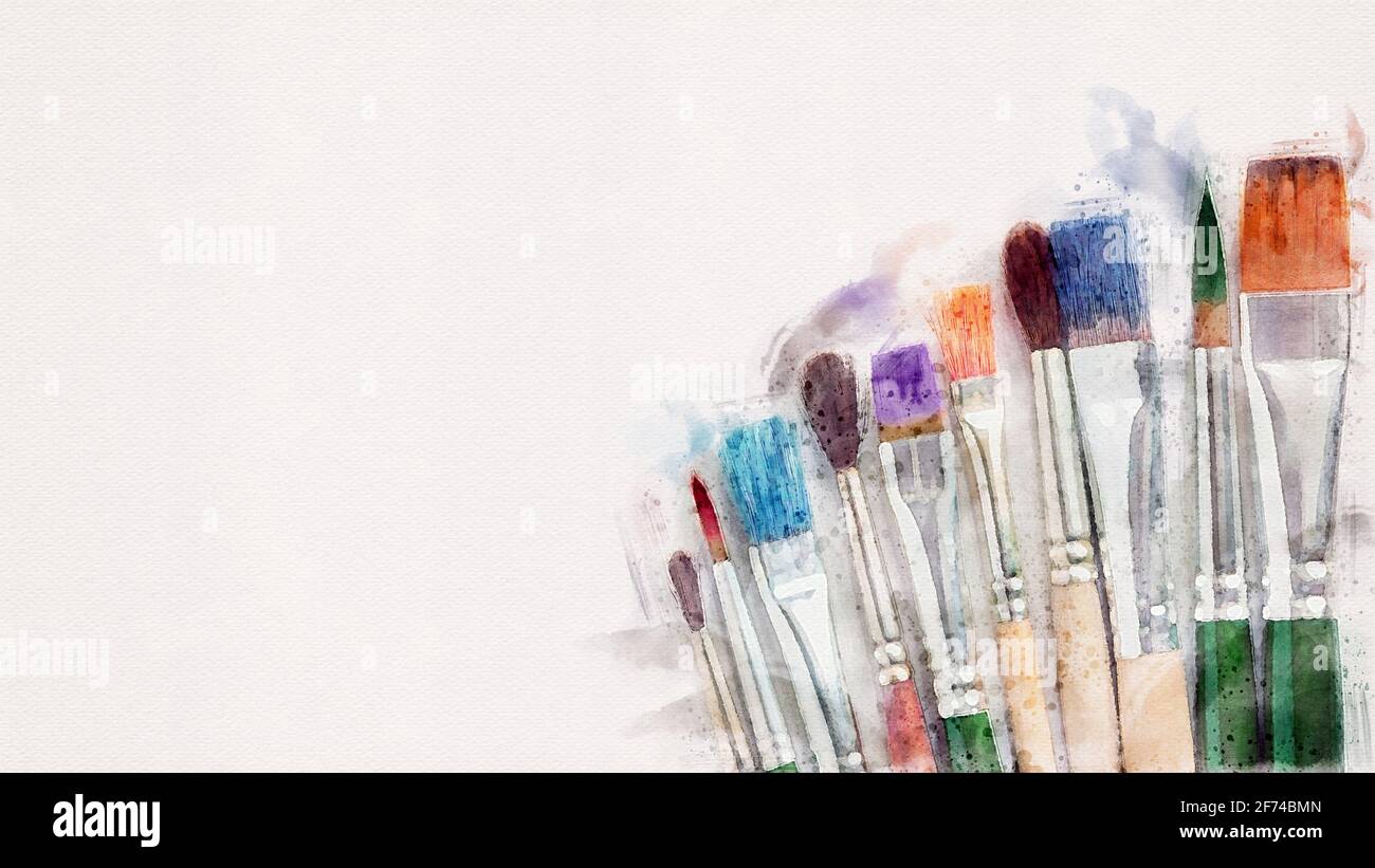 Pinsel Mit Farben Auf Weissem Hintergrund Gefarbt Kunst Und Kreative Ideen Kopieren Raum Stockfotografie Alamy