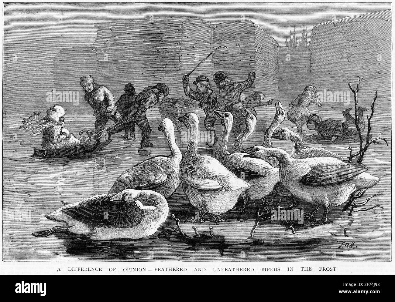 Gravur einer Winterszene in Kanada mit dem Titel A Difference Der Meinung - Gefedert und Ungefiederte Zweibeiner im Frost Stockfoto