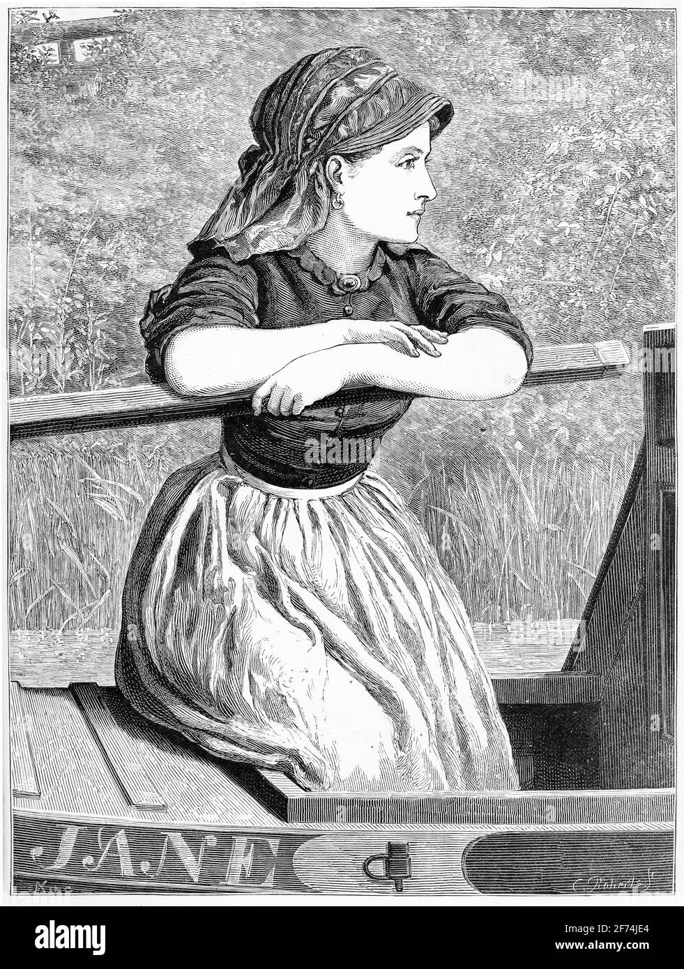 Eingraviertes Porträt einer jungen Frau, die auf Passagiere wartet Ein kleines Boot Stockfoto