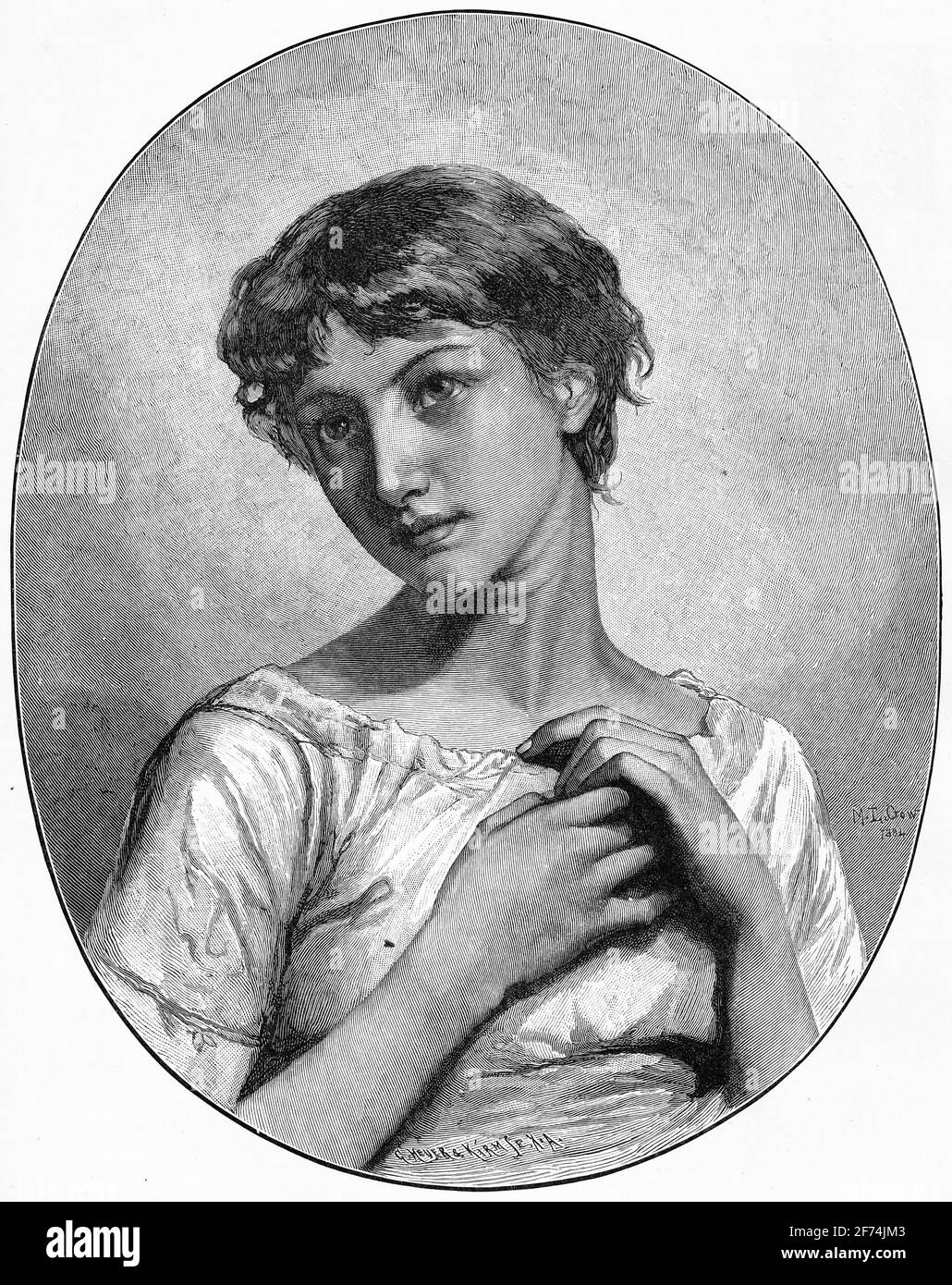 Eingraviertes Porträt einer süßen jungen Frau in einem nachdenklichen Stimmung Stockfoto