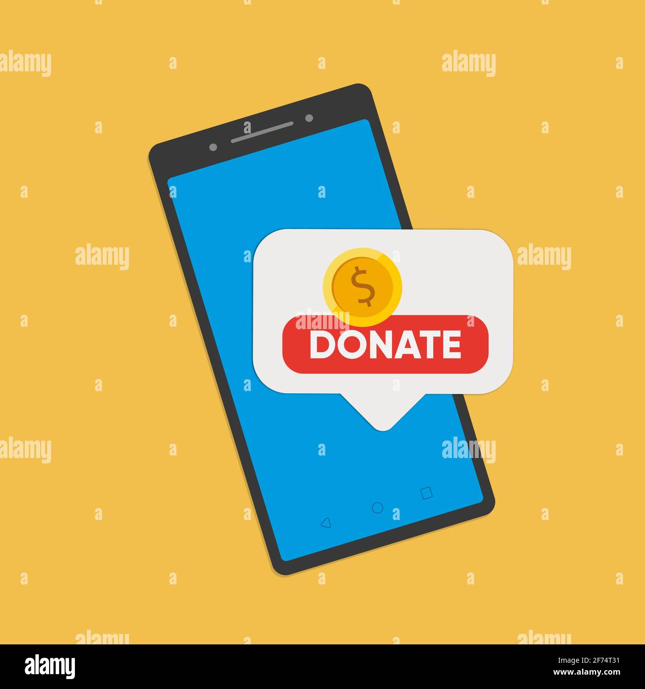 Smartphone mit Goldmünze und Taste auf dem Smartphone-Bildschirm. Spenden Online-Konzept. Stock Vektor