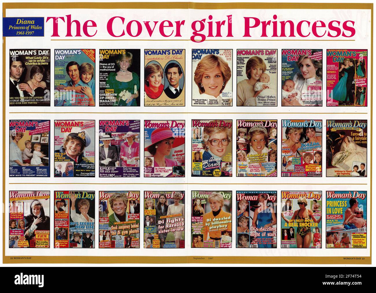 Doppelseitige Ausgabe aus dem Woman's Day Magazin vom 15. September 1997, mit der Kopfbedeckung der Titelprinzessin Stockfoto