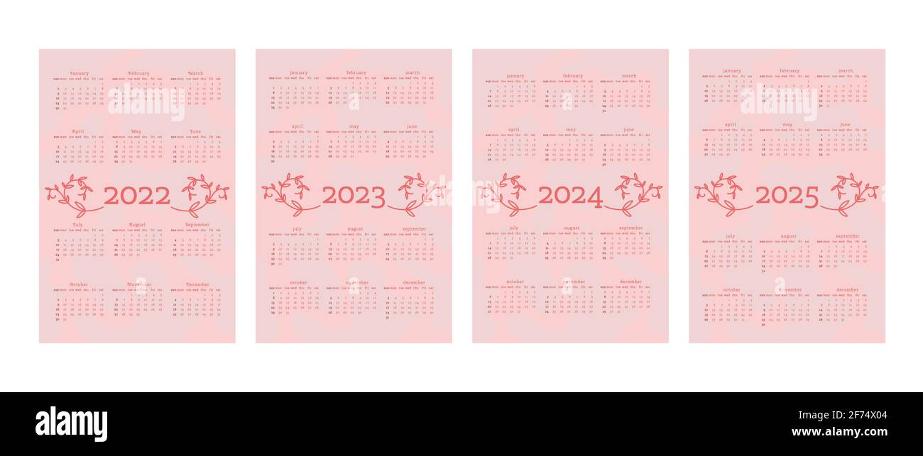Kalender 2022 2023 2024 2025 in zarten natürlichen trendigen Stil dekoriert mit botanischen floralen handgezeichneten Ast Blätter. Vertikales Format. Hell pastellrot rosa Farbe. Woche beginnt am Sonntag. Stock Vektor