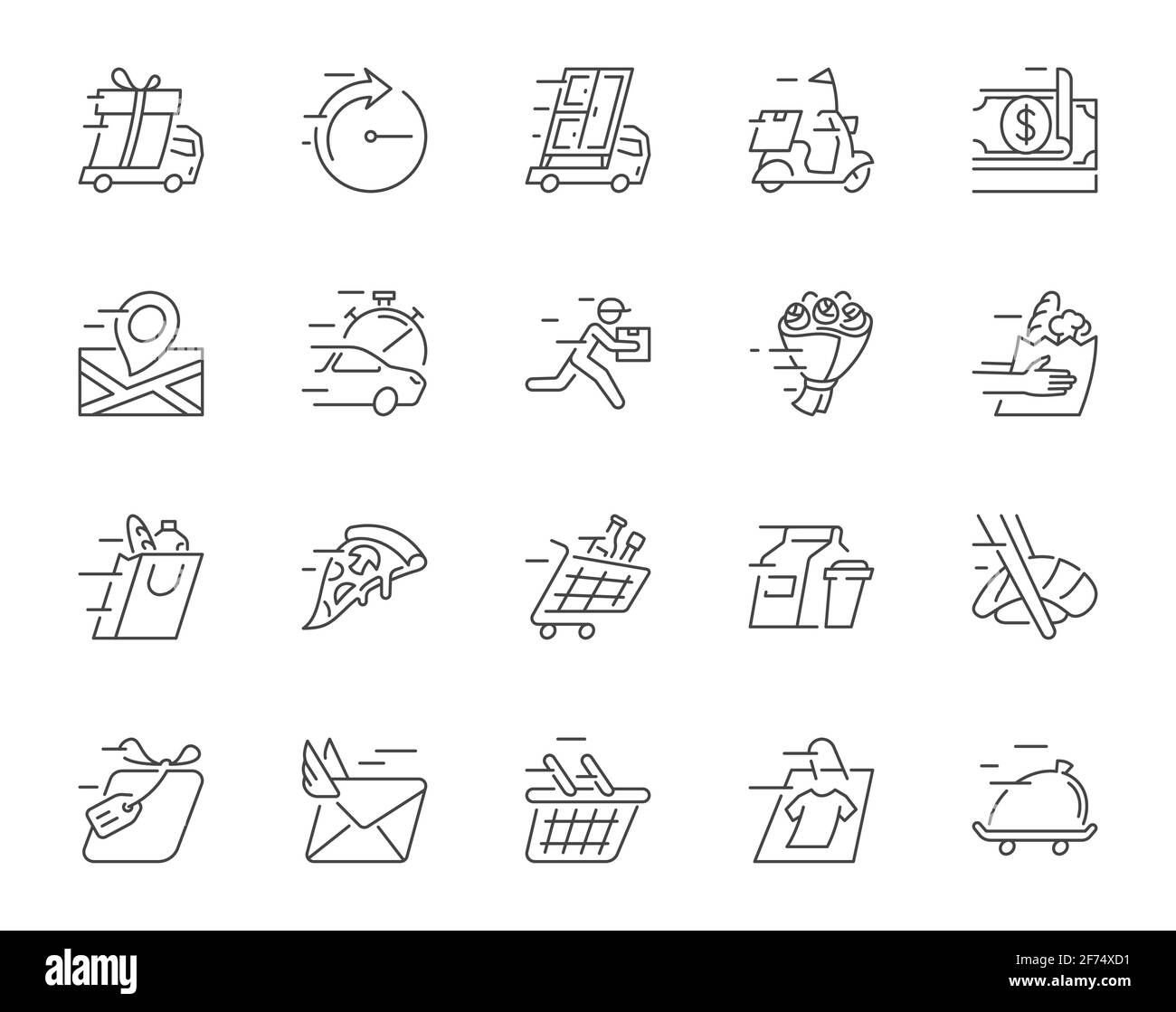 Vektordarstellung eines Satzes von einfachen linearen Symbolen für die schnelle Lieferung von Lebensmitteln und Waren. 256 x 256 px. Bearbeitbare Kontur, leicht skalierbar. Stock Vektor