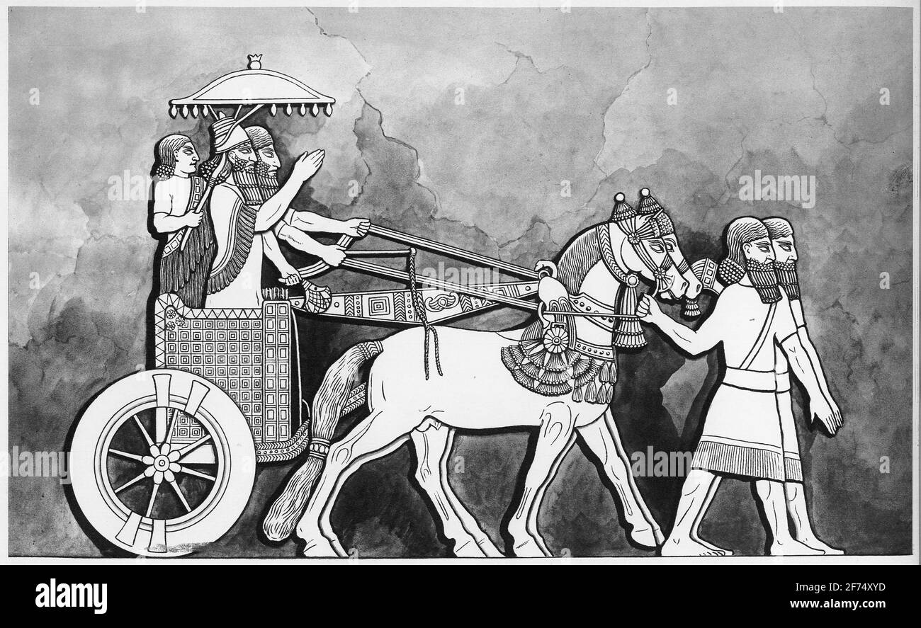 Illustration von Tiglath-Pileser III., König von Assyrien, auf seinem Wagen; aus einer Reihe von Schulplakaten, die für Sozialstudien verwendet wurden, c 1930. Basierend auf einem Flachrelief an den Wänden des Palastes von Tiglath-Pileser III., entdeckt in Calah (Nimrud). Stockfoto