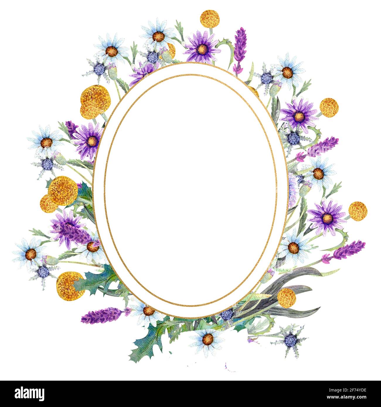 Romantischer ovaler Rahmen. Wildblumen in Aquarell. Hochzeitskonzept mit Blumen. Blumenposter, Einladung. Aquarell-Arrangements für Grußkarte oder Stockfoto