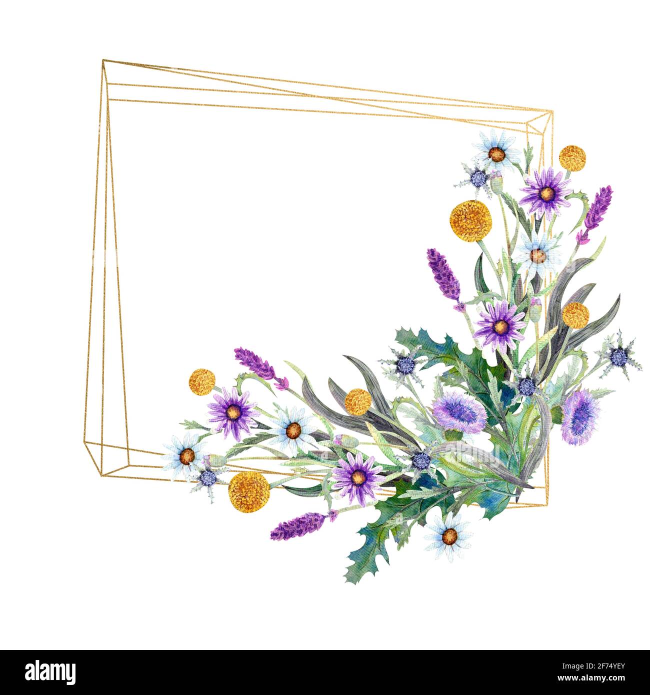 Romantischer geometrischer Rahmen. Wildblumen in Aquarell. Hochzeitskonzept mit Blumen. Blumenposter, Einladung. Aquarellarrangements zur Begrüßung Stockfoto