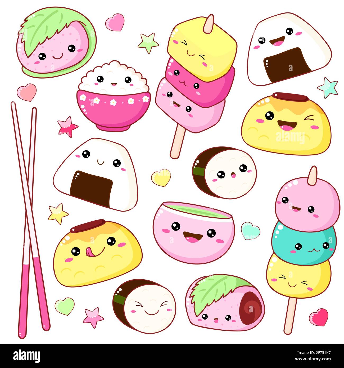 Eingestellt von Sushi und Rollen Symbole in kawaii Stil mit lächelnden Gesicht und rosa Wangen. Traditionelle japanische Küche. Temaki, Essstäbchen, Nigiri, Stock Vektor