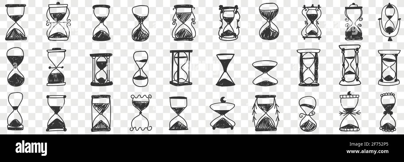 Sanduhren in Reihen Doodle Set. Sammlung von handgezeichneten verschiedenen Sanduhren mit Sand Symbol der Zeit isoliert auf transparentem Hintergrund Stock Vektor