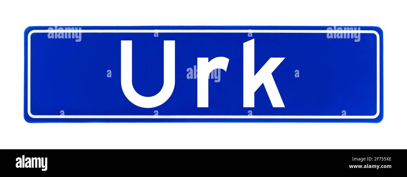 Stadtgrenze Zeichen von Urk, die Niederlande isoliert auf weißem Hintergrund Stockfoto