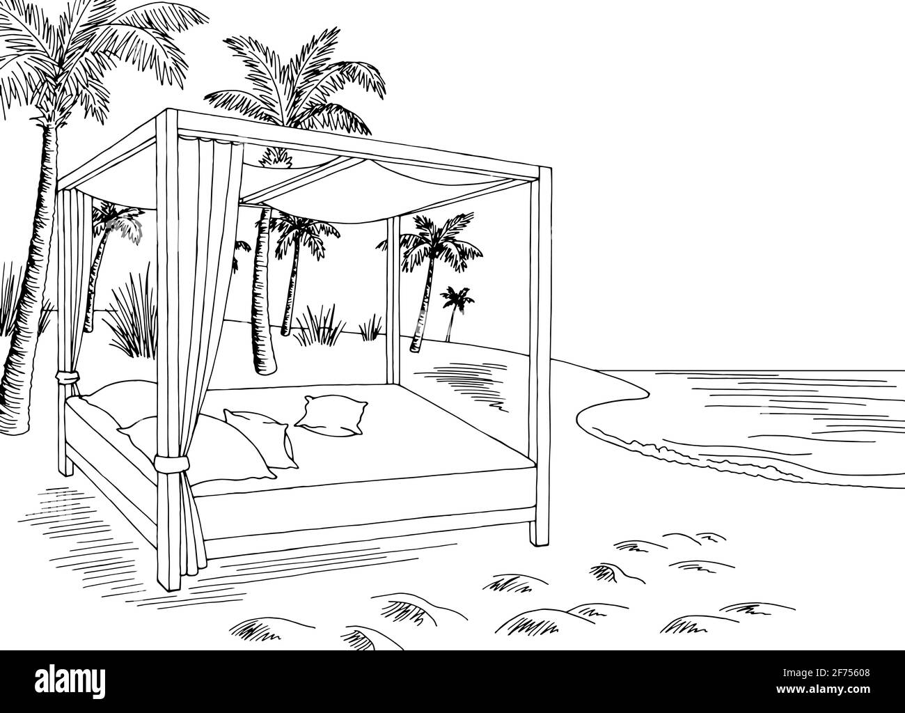 Küste Strand Bett Grafik schwarz weiß Landschaft Skizze Illustration vektor Stock Vektor