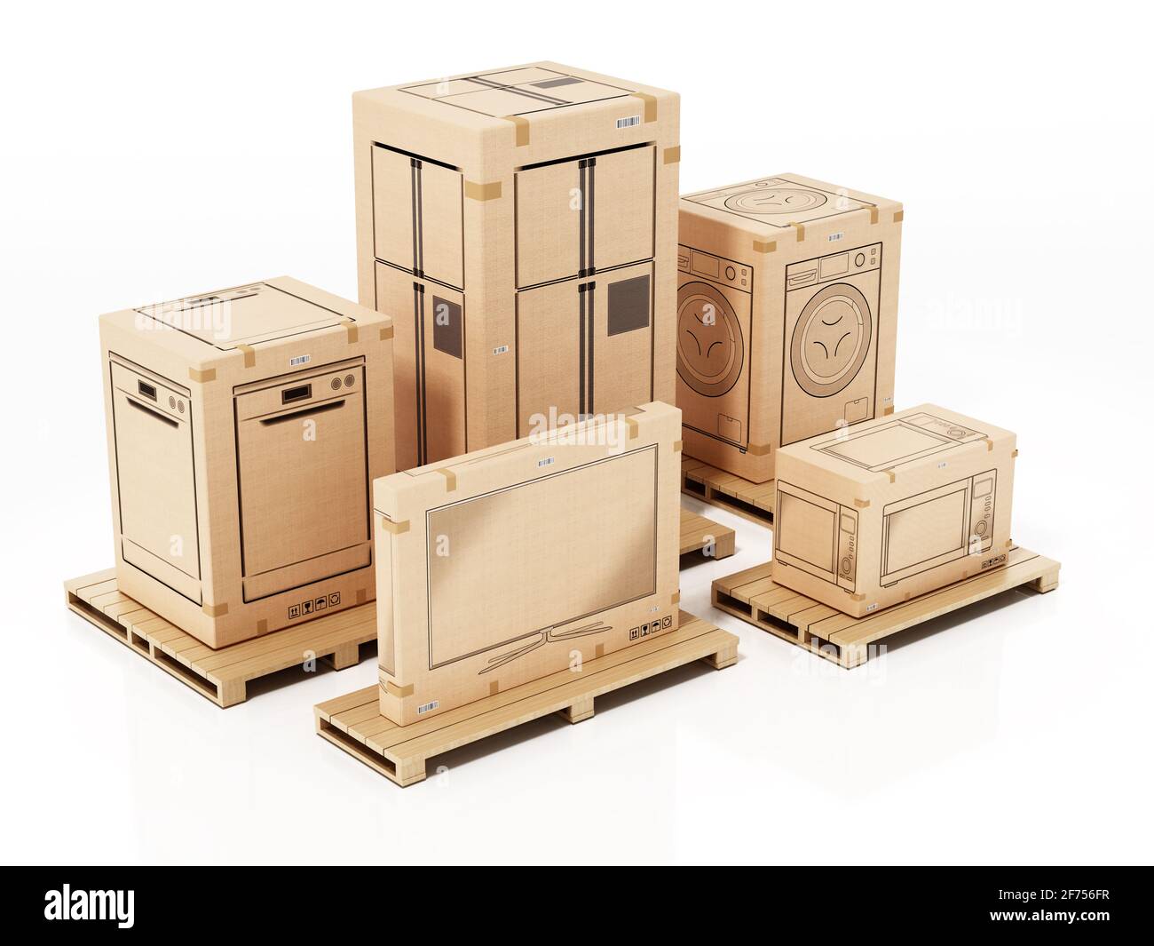 Boxen für Haushaltsgeräte auf weißem Hintergrund isoliert. 3D-Illustration. Stockfoto
