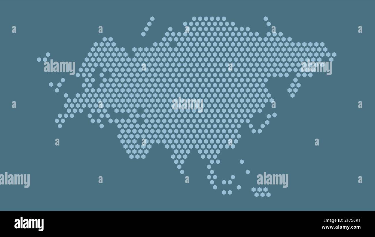 Blaue sechseckige Pixelkarte von Eurasien. Vektor-Illustration Eurasischer Kontinent Hexagon-Karte gepunktetes Mosaik. Verwaltungsgrenze, Landzusammensetzung. Stock Vektor