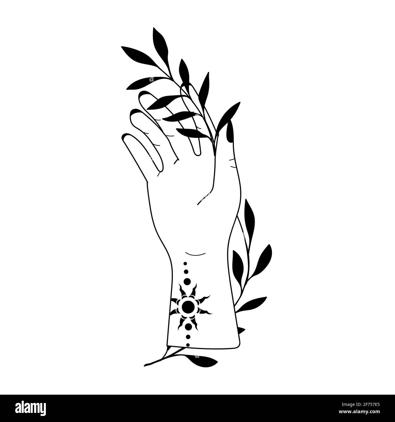 Handgezeichnete Hand mit magischen Symbolen, magische astrologische Symbole Vektor-Illustrationen. Kann Tattoo Design, mystisches esoterisches Symbol verwenden. Stock Vektor