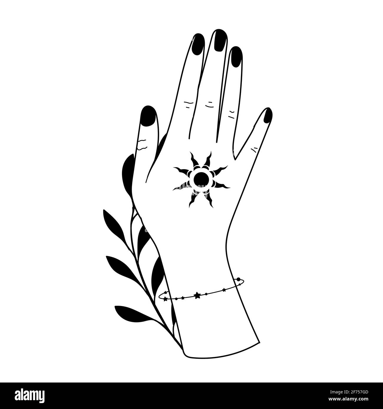 Handgezeichnete Hand mit magischen Symbolen, magische astrologische Symbole Vektor-Illustrationen. Kann Tattoo Design, mystisches esoterisches Symbol verwenden. Stock Vektor