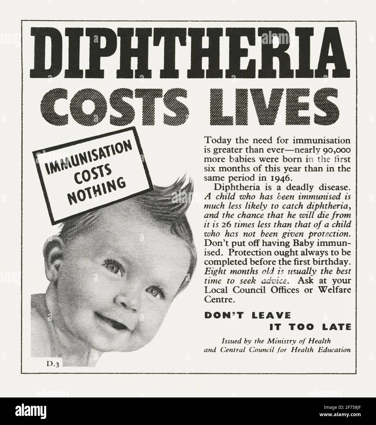 Ein Werbespot aus den 1940er Jahren zur Immunisierung gegen Diptherie – er erschien 1947 in der britischen Zeitschrift. Es wurde von der britischen Regierung der Nachkriegszeit herausgegeben und betont, dass die Krankheit bei Säuglingen zum Tod führen kann. Diphtherie ist eine schwere Infektion, die durch das Bakterium Corynebacterium diphtheriae verursacht wird. Die Symptome treten oft relativ allmählich auf, beginnend mit Halsschmerzen und Fieber. Nervenentzündungen können zu Lähmungen und zum Tod führen. Diphtherie-Impfstoff ist wirksam zur Prävention und wird im Kindesalter empfohlen – Vintage-Grafiken aus den 1940er Jahren. Stockfoto