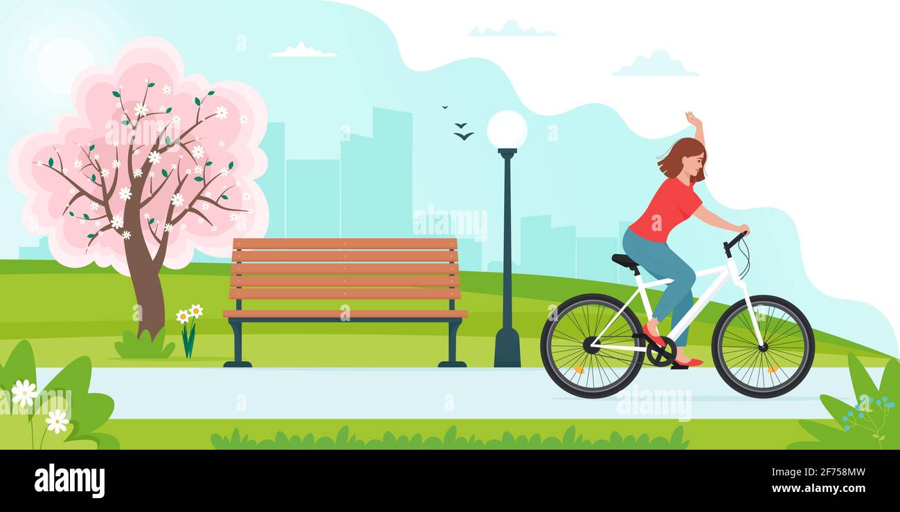 Frau auf dem Fahrrad im Park, auf der Frühlingslandschaft. Vektor-Illustration in flachem Stil, Frühjahr kommenden Konzept Stock Vektor