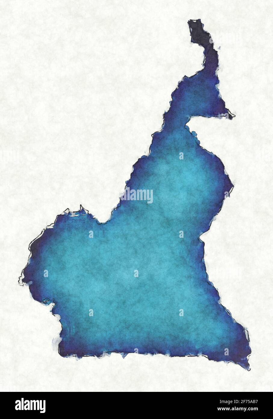 Kamerun-Karte mit gezeichneten Linien und blauer Aquarell-Illustration Stockfoto