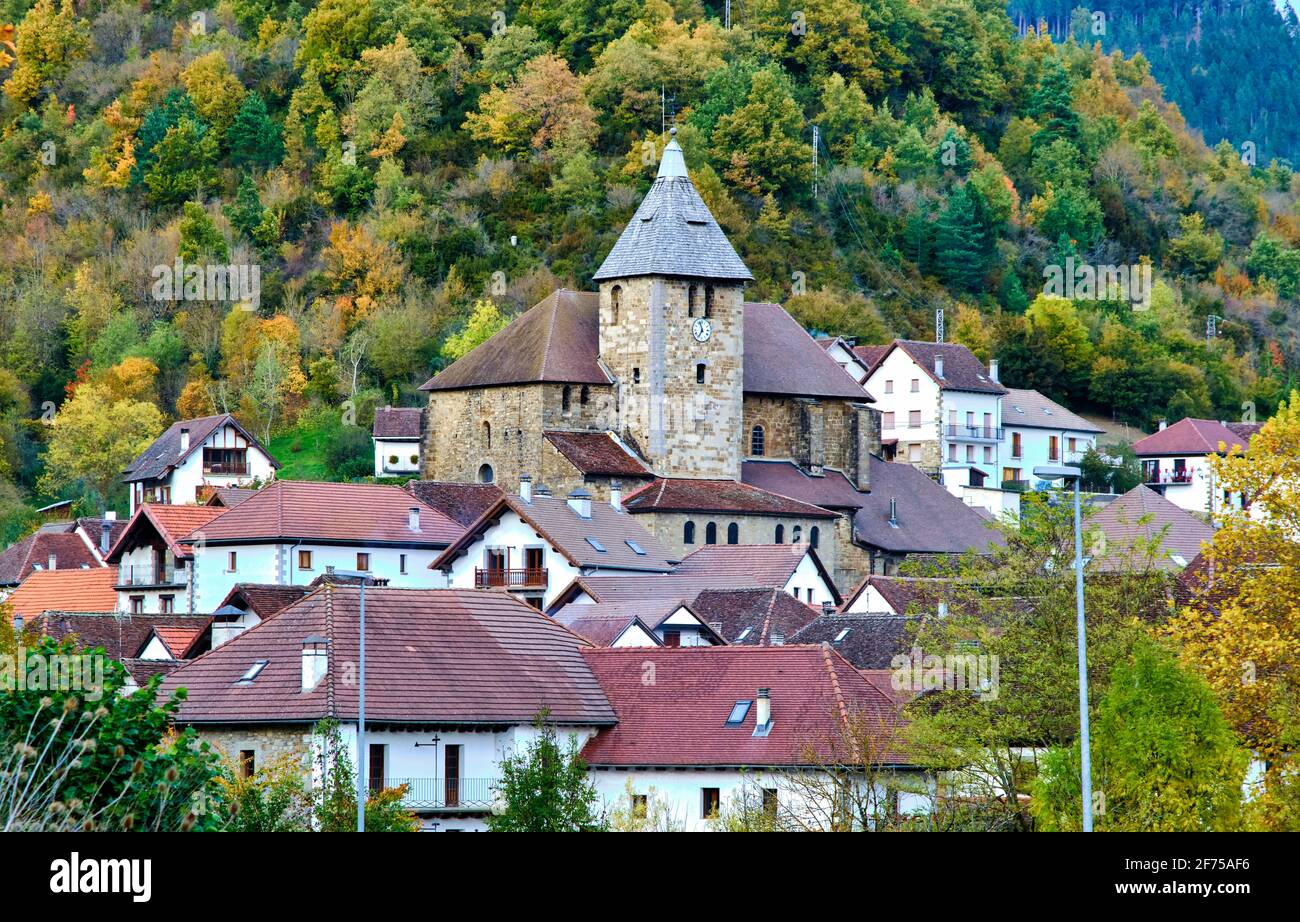 Kirche und Häuser in einem Dorf in einem bewaldeten Gebiet. Stockfoto