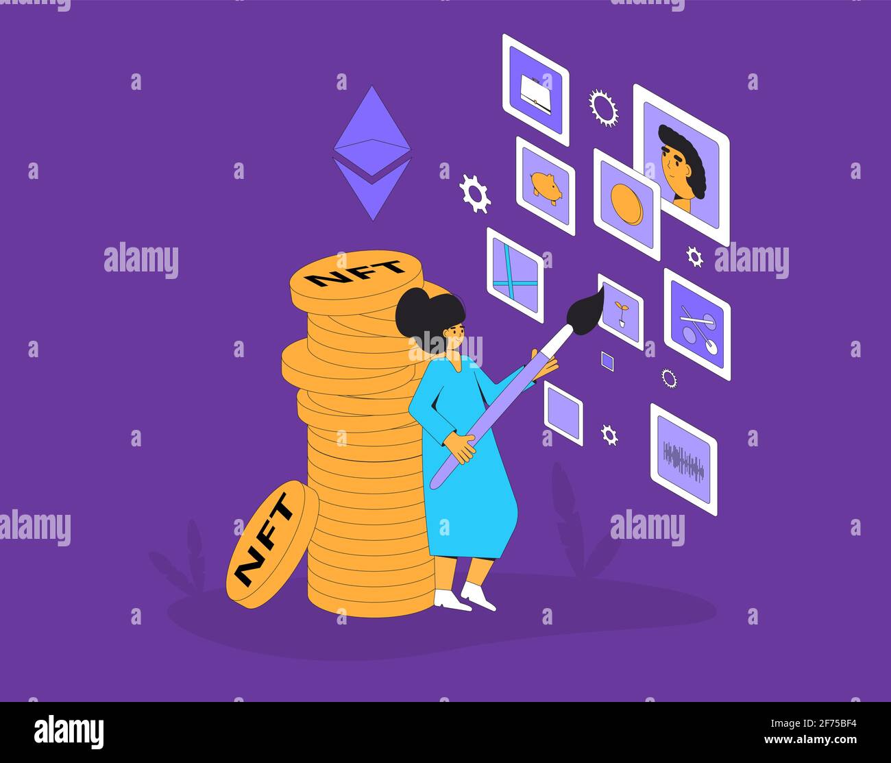 NFT. Nicht Fungible Token. Krypto-Kunst. Vektor-Farbdarstellung. Stock Vektor