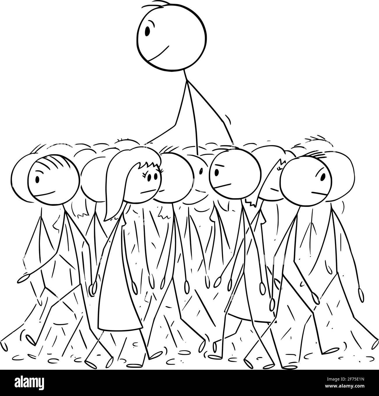 Big man Walking in Durchschnittliche Menschenmenge, Individualität und Unterscheidungskraft, Vektor Cartoon Stick Figur Illustration Stock Vektor