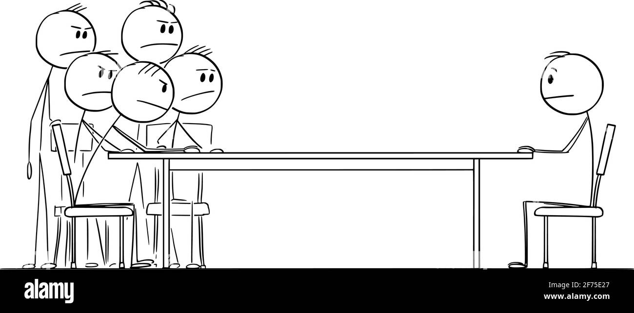 Verhandlung oder Job-Interview, ein Mann sitzt am Tisch gegen Gruppe von Geschäftsleuten, Vektor Cartoon Stick Abbildung Stock Vektor