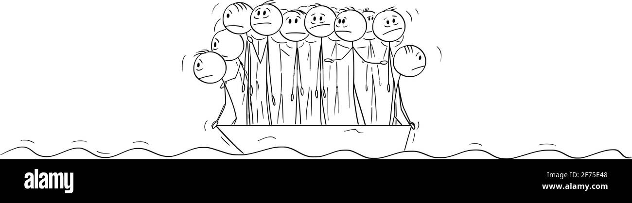 Große Gruppe von Menschen oder Geschäftsleuten, die hilflos auf dem kleinen Rettungsboot stehen. Vektor Cartoon Stick Abbildung Stock Vektor